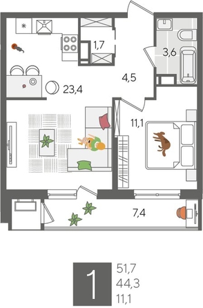 
  Продается 1-комн. квартира, 51.7 м², ЖК Рекорд 2, литера 5
. Фото 1.