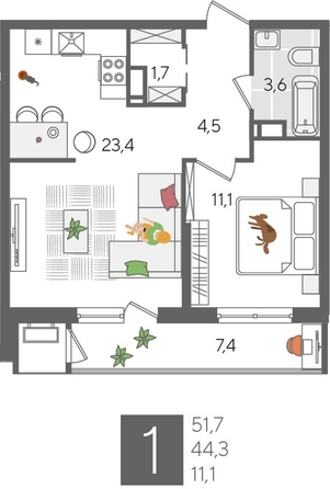
  Продается 1-комн. квартира, 51.7 м², ЖК Рекорд 2, литера 5
. Фото 1.