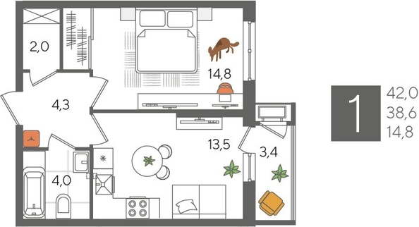 
  Продается 1-комн. квартира, 42 м², ЖК Рекорд 2, литера 6
. Фото 1.