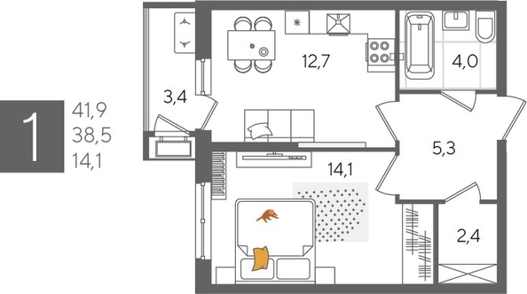 
  Продается 1-комн. квартира, 41.9 м², ЖК Рекорд 2, литера 6
. Фото 1.