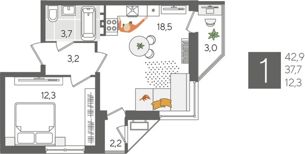 
  Продается 1-комн. квартира, 42.9 м², ЖК Рекорд 2, литера 6
. Фото 1.