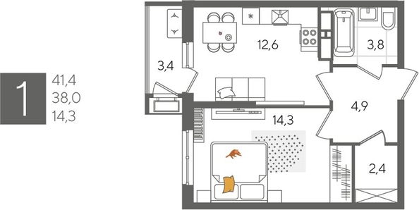 
  Продается 1-комн. квартира, 41.4 м², ЖК Рекорд 2, литера 6
. Фото 1.