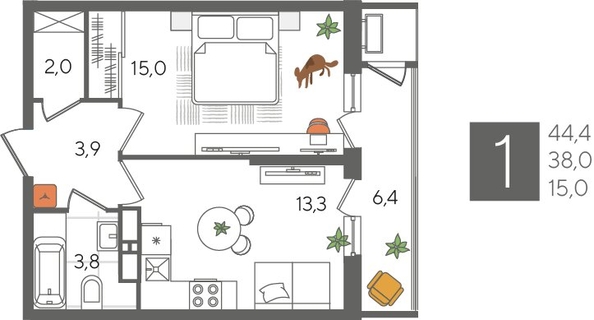 
  Продается 1-комн. квартира, 44.4 м², ЖК Рекорд 2, литера 6
. Фото 1.