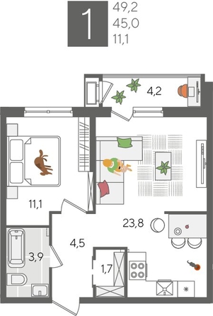 
  Продается 1-комн. квартира, 49.2 м², ЖК Рекорд 2, литера 6
. Фото 1.