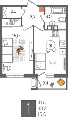
  Продается 1-комн. квартира, 41.6 м², ЖК Рекорд 2, литера 6
. Фото 1.