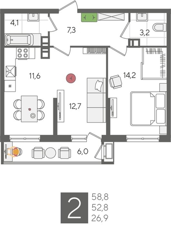 
  Продается 2-комн. квартира, 58.8 м², ЖК Рекорд 2, литера 6
. Фото 1.