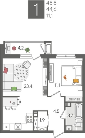 
  Продается 1-комн. квартира, 48.8 м², ЖК Рекорд 2, литера 6
. Фото 1.