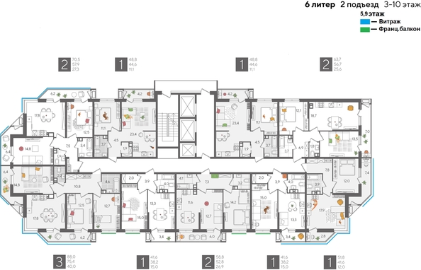 
  Продается 1-комн. квартира, 51.8 м², ЖК Рекорд 2, литера 6
. Фото 2.