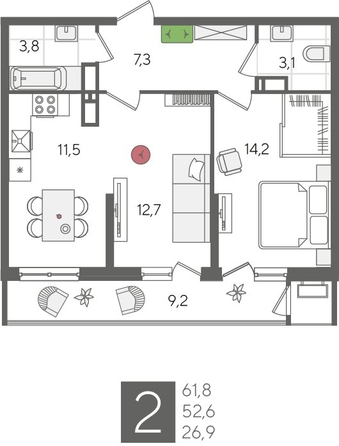 
  Продается 2-комн. квартира, 61.8 м², ЖК Рекорд 2, литера 6
. Фото 1.