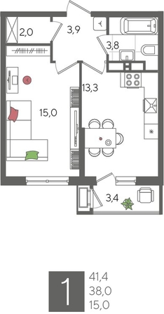 
  Продается 1-комн. квартира, 41.4 м², ЖК Рекорд 2, литера 1
. Фото 1.