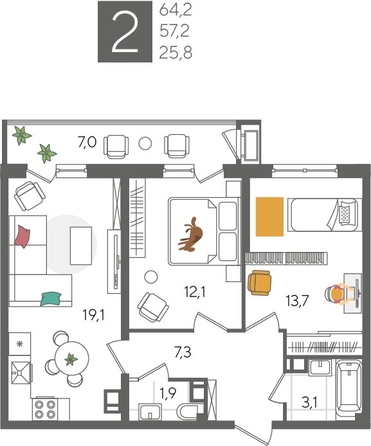 
  Продается 2-комн. квартира, 64.2 м², ЖК Рекорд 2, литера 1
. Фото 1.