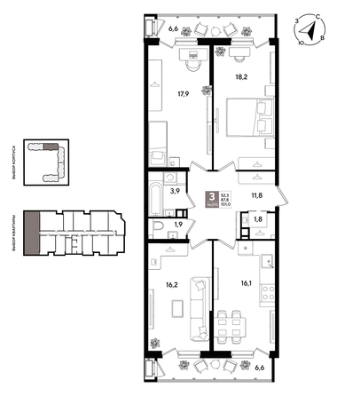 
  Продается 3-комн. квартира 100 м², в ЖК Рекорд 2, литера 1. Фото 1.