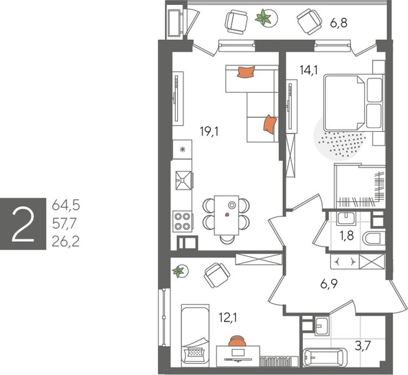 
  Продается 2-комн. квартира, 64.5 м², ЖК Рекорд 2, литера 1
. Фото 1.