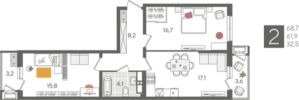 
  Продается 2-комн. квартира, 68.7 м², ЖК Рекорд 2, литера 1
. Фото 1.