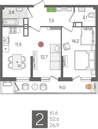 
  Продается 2-комн. квартира, 61.6 м², ЖК Рекорд 2, литера 1
. Фото 1.