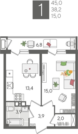 
  Продается 1-комн. квартира, 45 м², ЖК Рекорд 2, литера 2
. Фото 1.