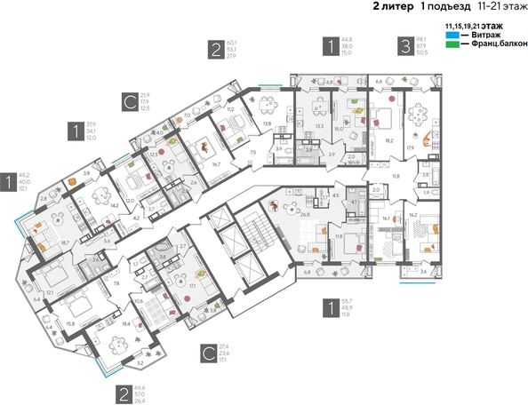 
  Продается 2-комн. квартира, 60.1 м², ЖК Рекорд 2, литера 2
. Фото 2.