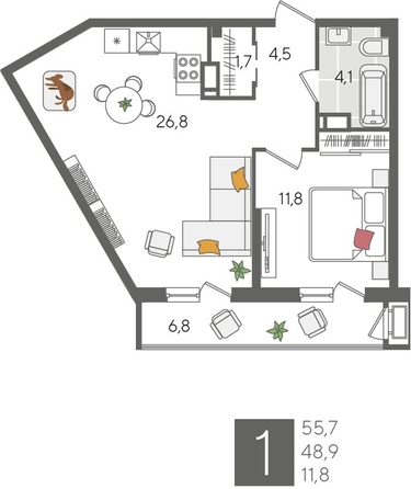 
  Продается 1-комн. квартира 55.7 м², в ЖК Рекорд 2, литера 2. Фото 1.