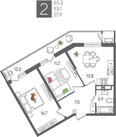 
  Продается 2-комн. квартира, 65.3 м², ЖК Рекорд 2, литера 2
. Фото 1.
