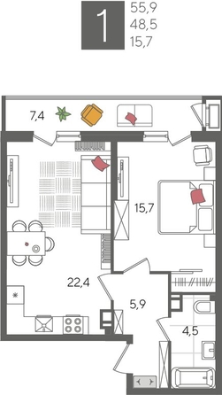 
  Продается 1-комн. квартира 55.2 м², в ЖК Рекорд 2, литера 2. Фото 1.