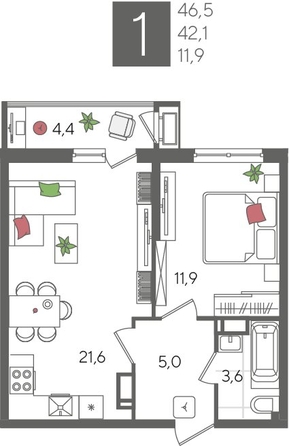 
  Продается 1-комн. квартира 46.1 м², в ЖК Рекорд 2, литера 2. Фото 1.