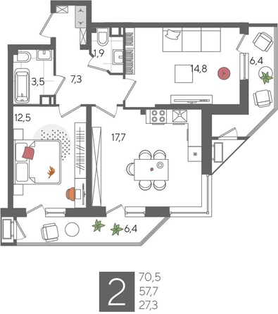
  Продается 2-комн. квартира, 70.5 м², ЖК Рекорд 2, литера 2
. Фото 1.
