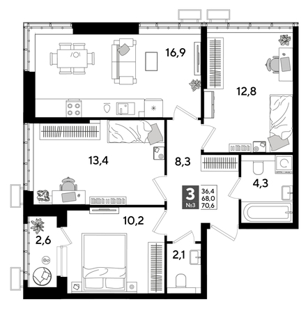 
  Продается 3-комн. квартира, 70.6 м², ЖК DOGMA PARK (Догма парк), литера 15
. Фото 1.