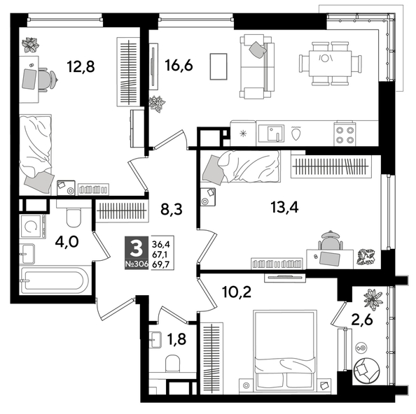 
  Продается 3-комн. квартира, 69.7 м², ЖК DOGMA PARK (Догма парк), литера 15
. Фото 1.