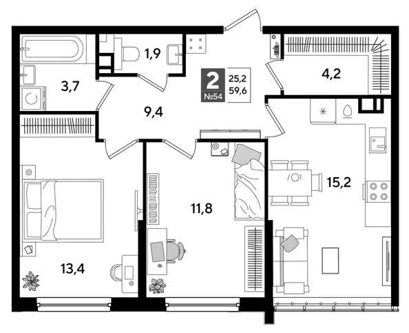 
  Продается 2-комн. квартира, 59.6 м², ЖК DOGMA PARK (Догма парк), литера 16
. Фото 1.
