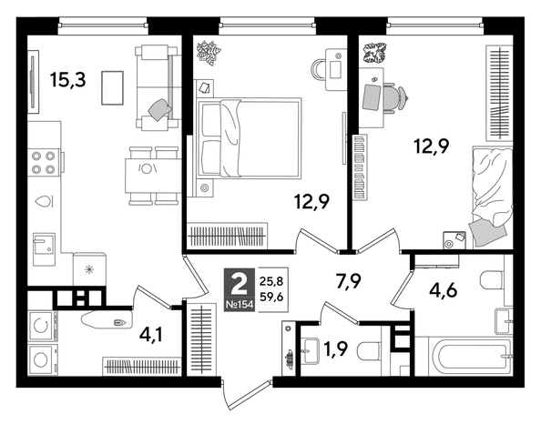 
  Продается 2-комн. квартира, 59.6 м², ЖК DOGMA PARK (Догма парк), литера 16
. Фото 1.