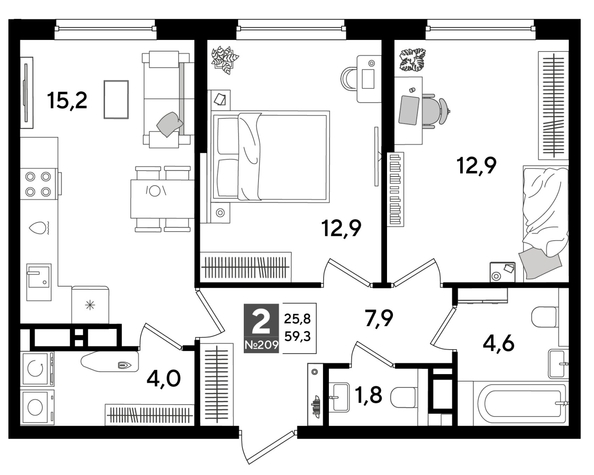 
  Продается 2-комн. квартира, 59.3 м², ЖК DOGMA PARK (Догма парк), литера 16
. Фото 1.
