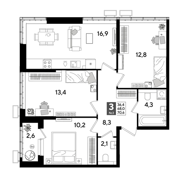 
  Продается 3-комн. квартира, 69.9 м², ЖК DOGMA PARK (Догма парк), лит 17
. Фото 1.