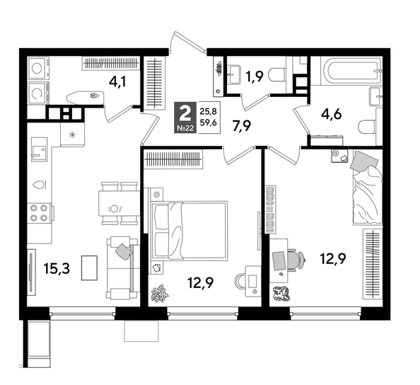 
  Продается 2-комн. квартира, 59 м², ЖК DOGMA PARK (Догма парк), лит 17
. Фото 1.