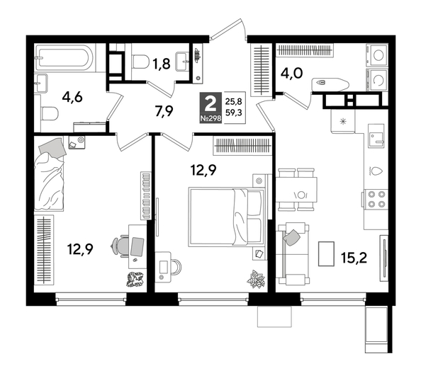 
  Продается 2-комн. квартира 58.7 м², в ЖК ДОГМА ПАРК, лит 17. Фото 1.