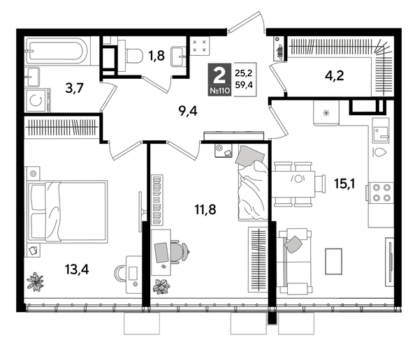 
  Продается 2-комн. квартира, 58.7 м², ЖК DOGMA PARK (Догма парк), литера 19
. Фото 1.