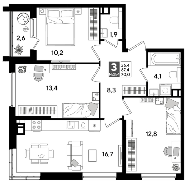 
  Продается 3-комн. квартира, 68.7 м², ЖК DOGMA PARK (Догма парк), литера 19
. Фото 1.