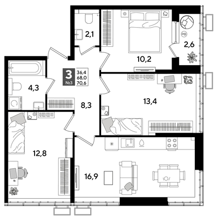 
  Продается 3-комн. квартира, 70.6 м², ЖК DOGMA PARK (Догма парк), лит 20
. Фото 1.
