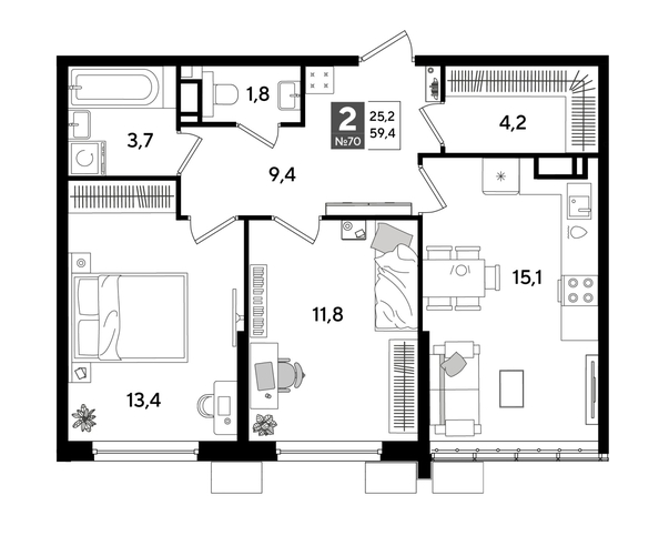 
  Продается 2-комн. квартира, 59.4 м², ЖК DOGMA PARK (Догма парк), литера 18
. Фото 1.