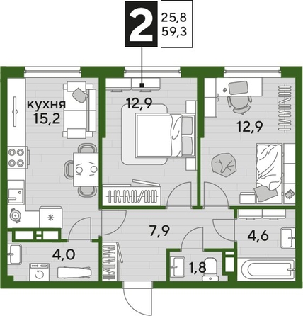 
  Продается 2-комн. квартира, 59.3 м², ЖК DOGMA PARK (Догма парк), литера 18
. Фото 1.