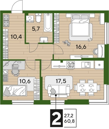 
  Продается 2-комн. квартира, 60.6 м², ЖК DOGMA PARK (Догма парк), литера 21
. Фото 1.