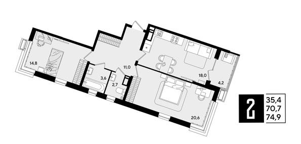 
  Продается 2-комн. квартира, 74.9 м², ЖК Парк Победы 2, литера 21
. Фото 1.
