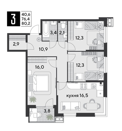 
  Продается 3-комн. квартира, 80.2 м², ЖК Парк Победы 2, литера 21
. Фото 1.
