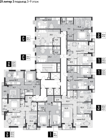 
  Продается 3-комн. квартира, 79.7 м², ЖК Парк Победы 2, литера 21
. Фото 2.