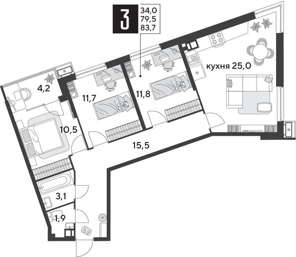 
  Продается 3-комн. квартира, 83.7 м², ЖК Парк Победы 2, литера 28
. Фото 1.