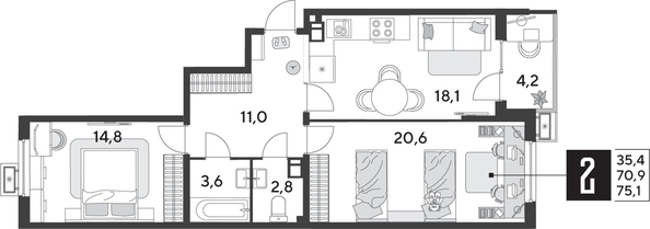 
  Продается 2-комн. квартира 75.1 м², в ЖК Парк Победы 2, литера 28. Фото 3.