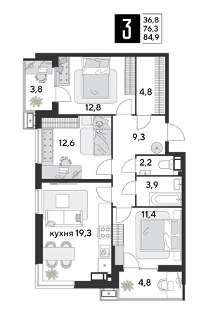
  Продается 3-комн. квартира, 84.9 м², ЖК Парк Победы 2, литера 28
. Фото 1.