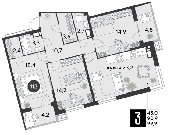 
  Продается 3-комн. квартира 99.9 м², в ЖК Парк Победы 2, литера 6. Фото 1.