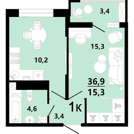 
  Продается 1-комн. квартира, 36.9 м², ЖК Горячий, литера 1
. Фото 3.