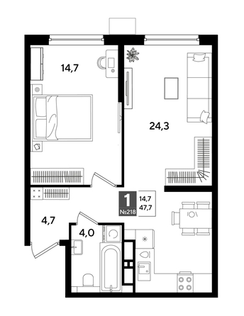 
  Продается 1-комн. квартира, 47.7 м², ЖК DOGMA PARK (Догма парк), лит 20
. Фото 1.