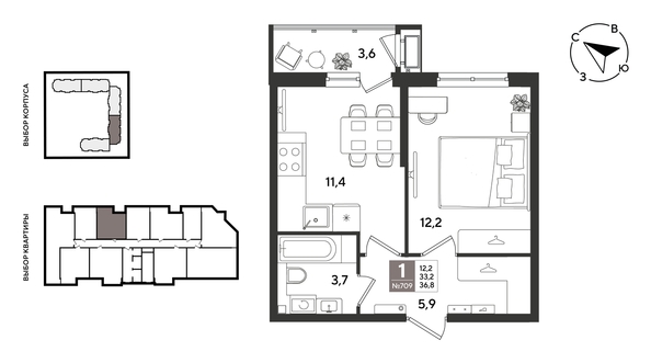 
  Продается 1-комн. квартира 36.4 м², в ЖК Рекорд 2, литера 1. Фото 1.